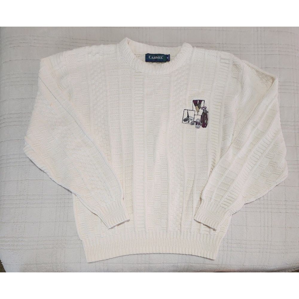Vintage Carmel‎ Golf Sweater Embroidered Med Cotton USA Ivory Crew Chunky Cable